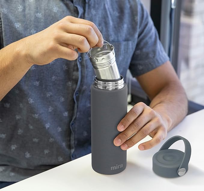 MIRA 18 oz Tea Infuser Thermos - Stainless Steel Travel Bottle with Removable Strainer for Loose Leaf Tea - Insulated Hot & Cold Brew Steeper - Smoke Gray
