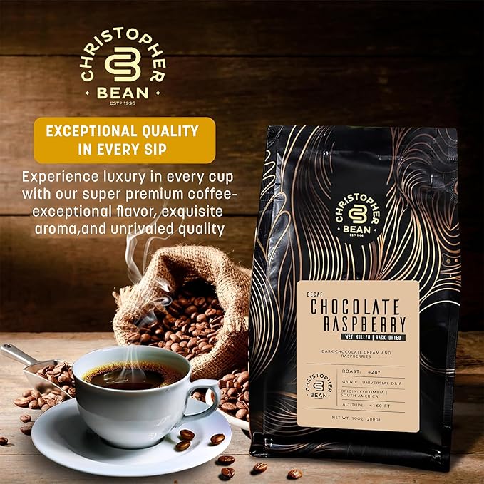 Christopher Bean Coffee - Certified Kosher - Decaf Ground Universal Drip Chocolate Raspberry Flavored Coffee with Medium Roast | Chocolate Raspberry Coffee No Sugar with 100% Arabica, No Fats, Non-GMO | 10-Ounce