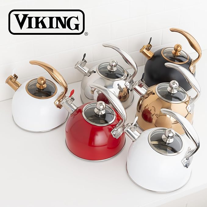 Viking 3-Ply Stainless Steel Tea Kettle, 2.6 Quart Stovetop Hot Water Pot with Tempered Glass Lid, Ergonomic Handle, Induction Ready, Slate and Blue