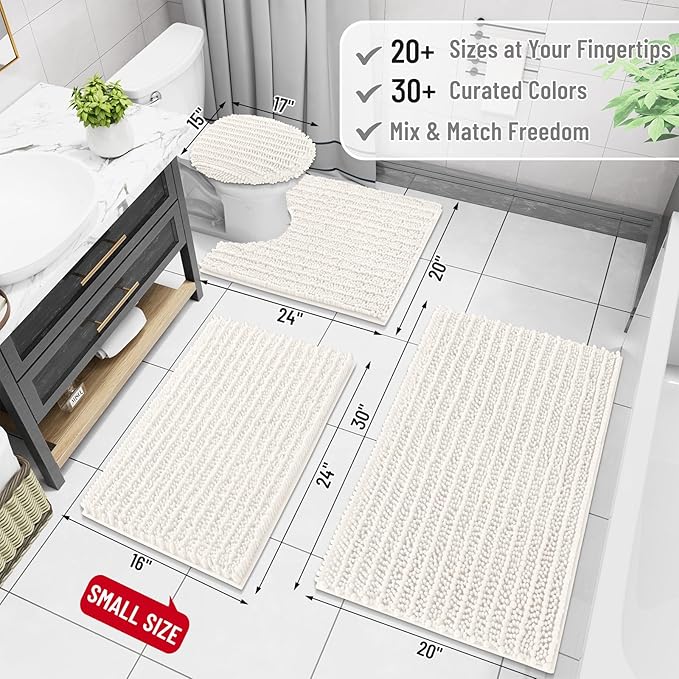 Arotive Luxury Chenille Bathroom Rug Mat, Extra Soft Thick Absorbent Shaggy Bath Rugs, Non-Slip Machine Wash Dry, Plush Bath Mats for Bathroom, Shower and Tub, 24x16, Ivory