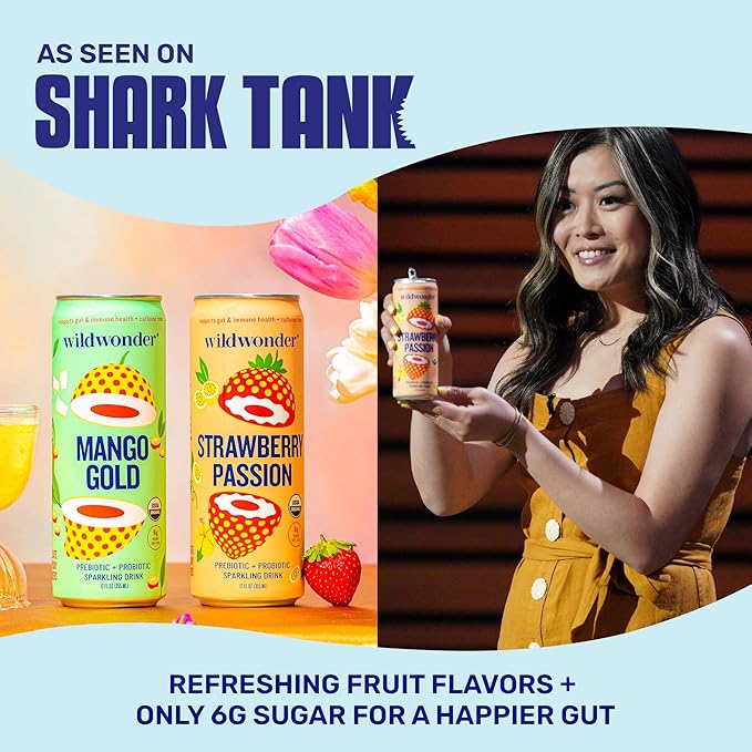 wildwonder Sparkling Probiotic Drink 12pk, For Gut Health & Immune Support, Guava Rose, 5g Prebiotic Fiber, Live Probiotics, Organic, Vegan, Low Sugar, 12 Pack, 12oz Can, As Seen on Shark Tank