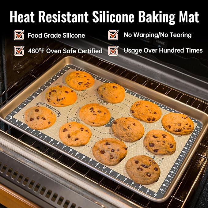 Silicone Mat for Baking, Extra Thick Silicone Baking Mat with 10 Easy Recipes, Non Stick Pastry Mat for Dough Rolling, Macaron, Cookie, bread, Pizza, Fondant/Pie Crust, Oven& Dishwasher Safe