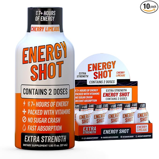 Cherry Limeade Extra Strength Energy Shot 10 pk – 260mg Natural Caffeine B12 B6 – Energy & Focus Support – 2 Servings Sugar Free Zero Calorie Green Tea B-Vitamins Electrolytes Vegan – 1.93 fl oz