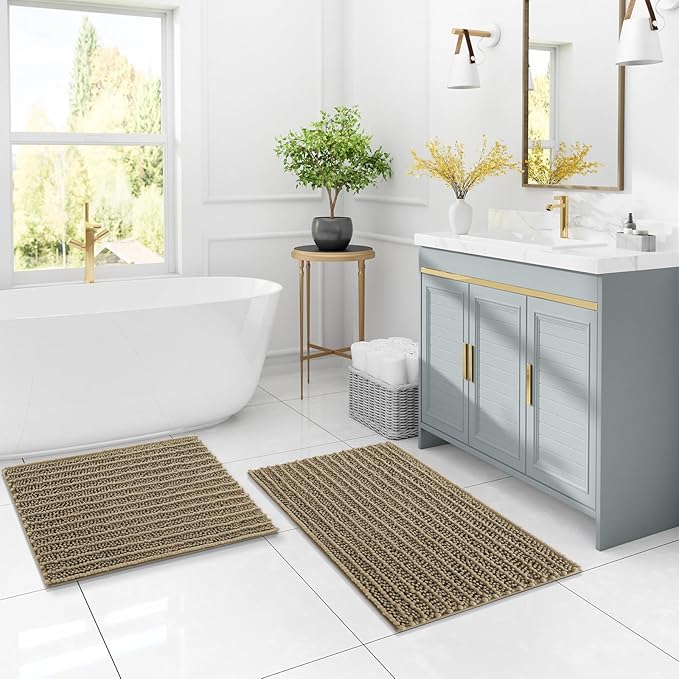 Arotive Luxury Chenille Bathroom Rug Mat, Extra Soft Thick Absorbent Shaggy Bath Rugs, Non-Slip Machine Wash Dry, Plush Bath Mats for Bathroom, Shower and Tub, 44x24, Camel