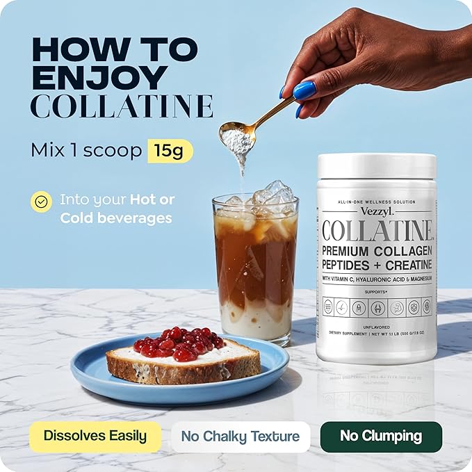 Collatine - Premium Collagen Peptides + Creatine with Vitamin C, Hyaluronic Acid and Magnesium for Skin, Hair, Nails, Bone & Joint, Muscle, Immune and Cognitive Aid (1.1 LB (500 G/17.6 OZ)