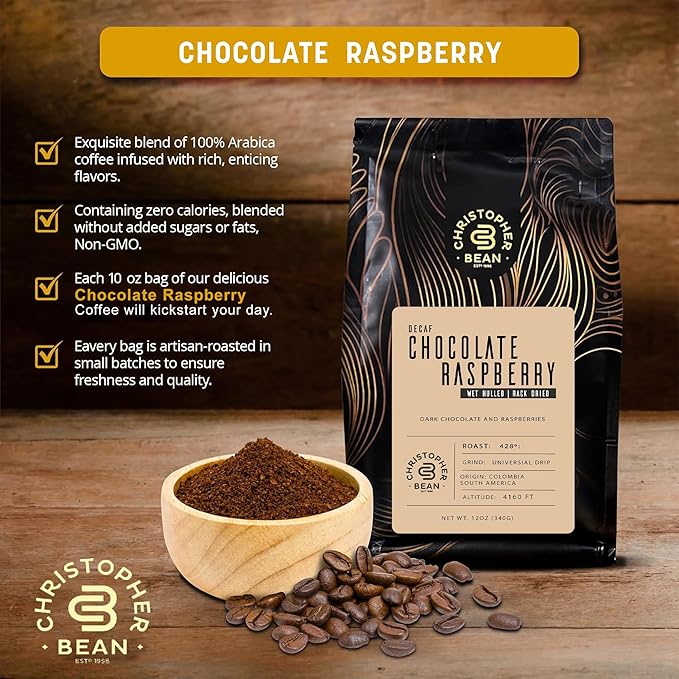 Christopher Bean Coffee - Certified Kosher - Decaf Ground Universal Drip Chocolate Raspberry Flavored Coffee with Medium Roast | Chocolate Raspberry Coffee No Sugar with 100% Arabica, No Fats, Non-GMO | 10-Ounce