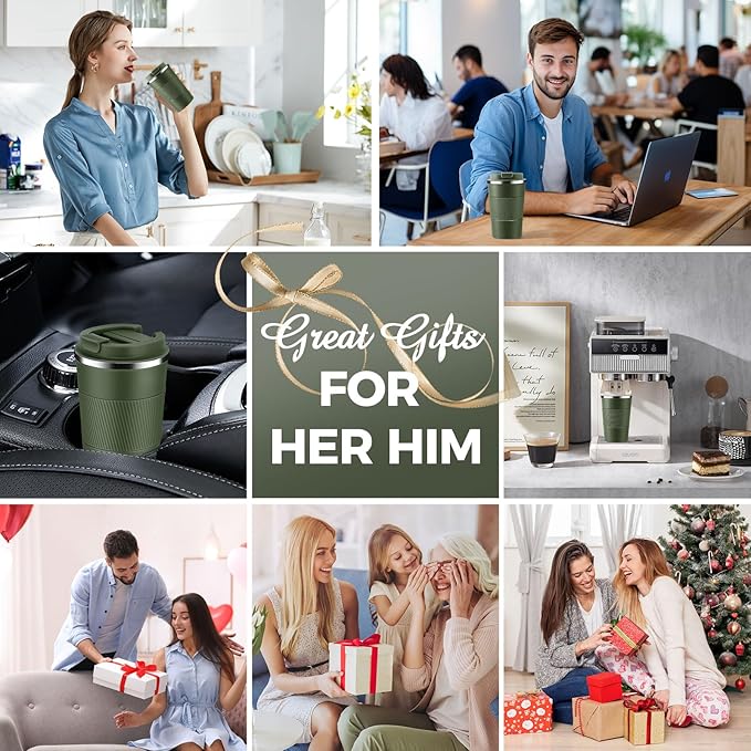 Volhoply 13 oz Stainless Steel Insulated Travel Coffee Mug with Fip Lid Bulk 2 Pack,Reusable Double Wall Vacuum Metal Coffee Cup,Portable Leak Proof Thermal Tumbler for Hot & Cold Drinks(Army Green,2)