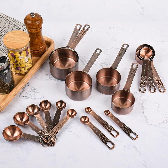 Copper Measuring Cups and Spoons Set 20 for Kitchen & Baking, Metric & US Stainless Steel Measure Cups and Spoons with Leveler for Dry & Liquid