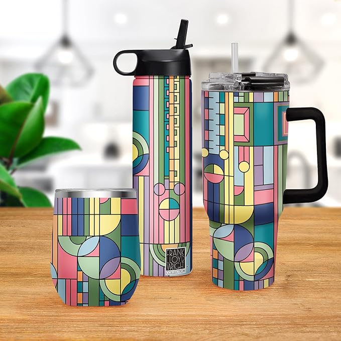 RainCaper 18/8 Stainless Steel Insulated Water Tumbler with Straw | 30oz, BPA-Free, Double Wall for Hot & Cold | Travel-Friendly, Cup Holder Ready (Frank Lloyd Wright Saguaro Forms)