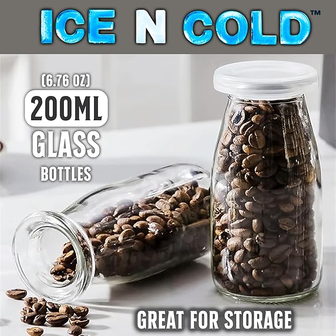 6.76 oz / 200ml Vintage Glass Bottle with Leakproof Clear Lid, Reusable & Eco-Friendly – Ideal for Milk, Juices, Smoothies, Infused Water, BPA-Free Glass Bottle (48-Pack)