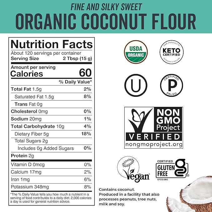 Viva Naturals Organic Coconut Flour, 4 lbs (1.81 kg) – Gluten Free Flour for Keto, Paleo & Vegan Baking, Good Source of Fiber, Low Fat, Non-GMO, Unbleached & Unrefined