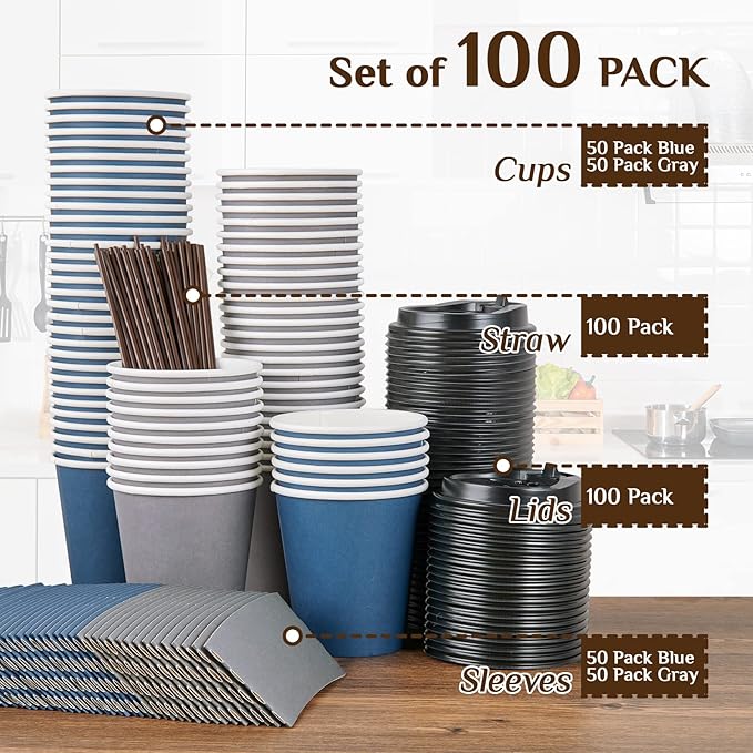 LITOPAK 100 Pack 10 oz Disposable Paper Coffee Cups with Lids, Sleeves and Stirring Sticks for Hot Coffee, Water or Juice, Blue and Gray Hot Paper Cups for Cafes, schools, offices, shops