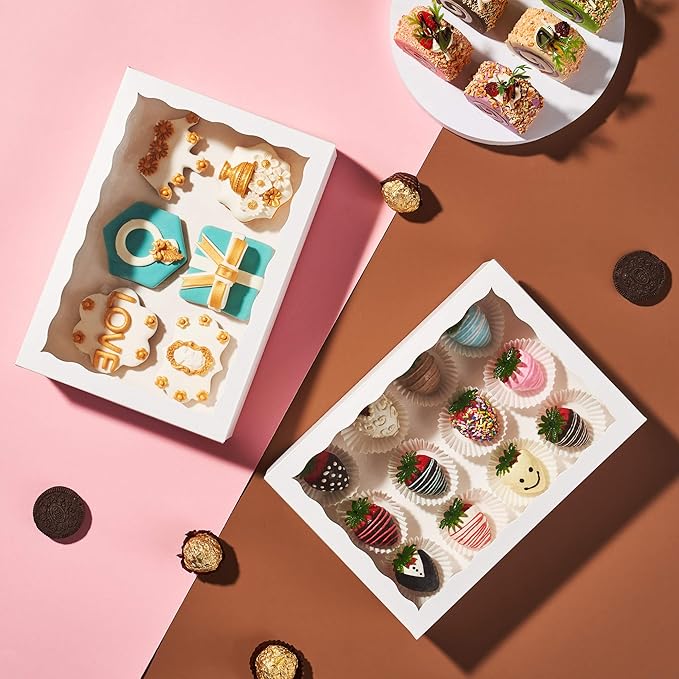 12PCS 10 x 7 x 2.5 inches Cookies Bakery Boxes with Window, Cakesicle, Chocolate Bomb, Macaron, Clear Chocolate Covered Strawberries, Pretzel Rods Boxes