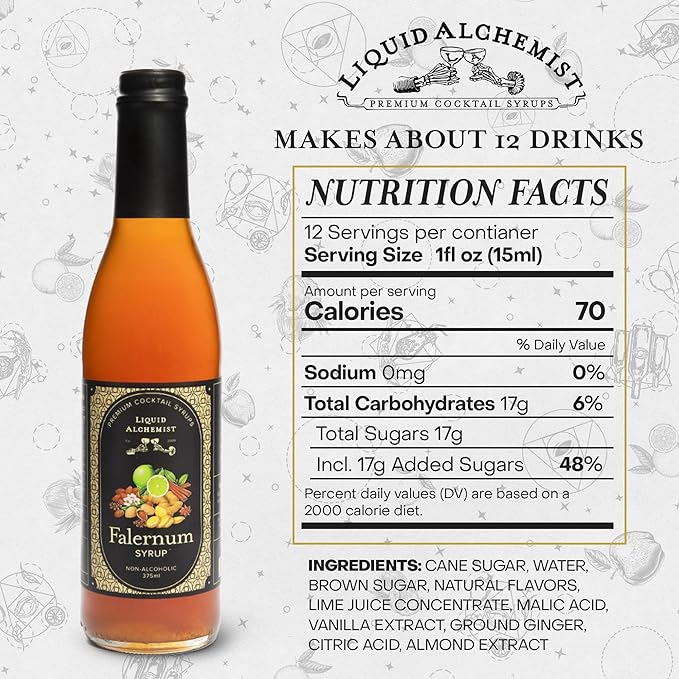 Liquid Alchemist Falernum Syrup for Cocktails - Real Ingredients Make our Falernum Cocktail Syrup a Great Mixer for any Tiki Drink - Our Drink Mixer is Non-GMO Gluten Free & Vegan (12.7 oz)