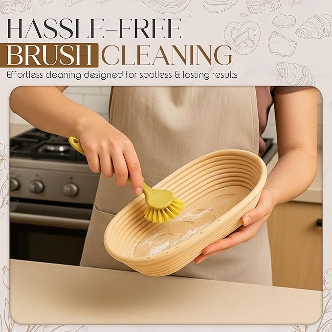 Premium Banneton Bread Proofing Basket - 9 Inch Oval Sourdough Banneton Basket With Built in Wooden Leaf and Wheat Stamp, Brush & Storage Bag - Sourdough Bread Baking Supplies