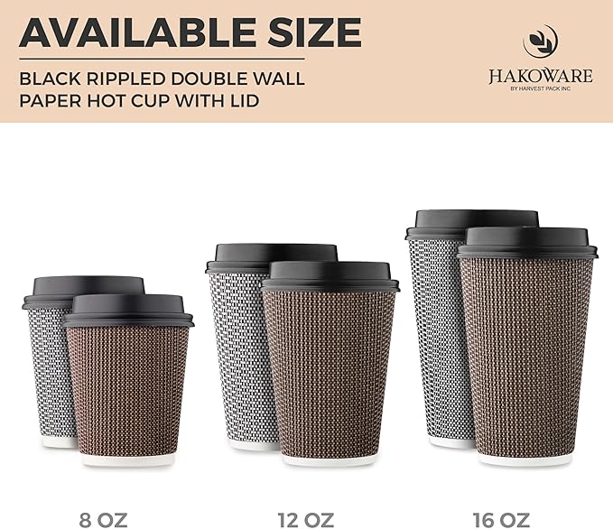 [100 SET]Harvest Pack 12 oz Disposable Coffee Cups, Insulated Ripple Double-Walled Paper Cups with Lids, Brown Geometric, Leak-Proof Drinking Cups for Tea Hot Chocolate Drinks To go coffee cups
