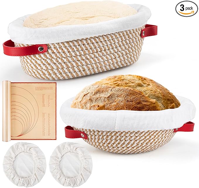 Banneton Bread Proofing Basket & Silicone Baking Mat Set, Oval & Round Sourdough Bread Baking Supplies Proofing Bowls with Liner & Cover Cotton Rope Sourdough Banneton Basket for Bread Making (Khaki)