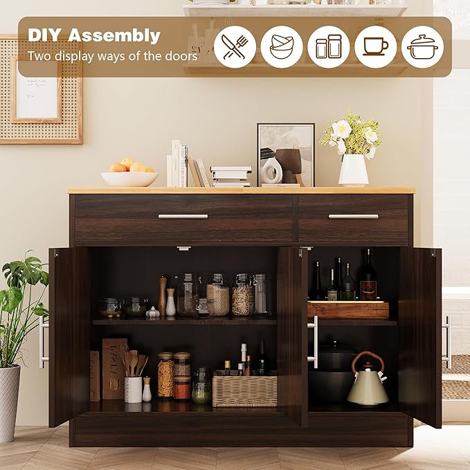 Vongrasig Sideboard Buffet Cabinet with Storage, 43” Farmhouse Coffee Bar Storage Cabinet with Drawers and Shelves, Modern Buffet Table for Kitchen, Dining Room, Rustic Brown