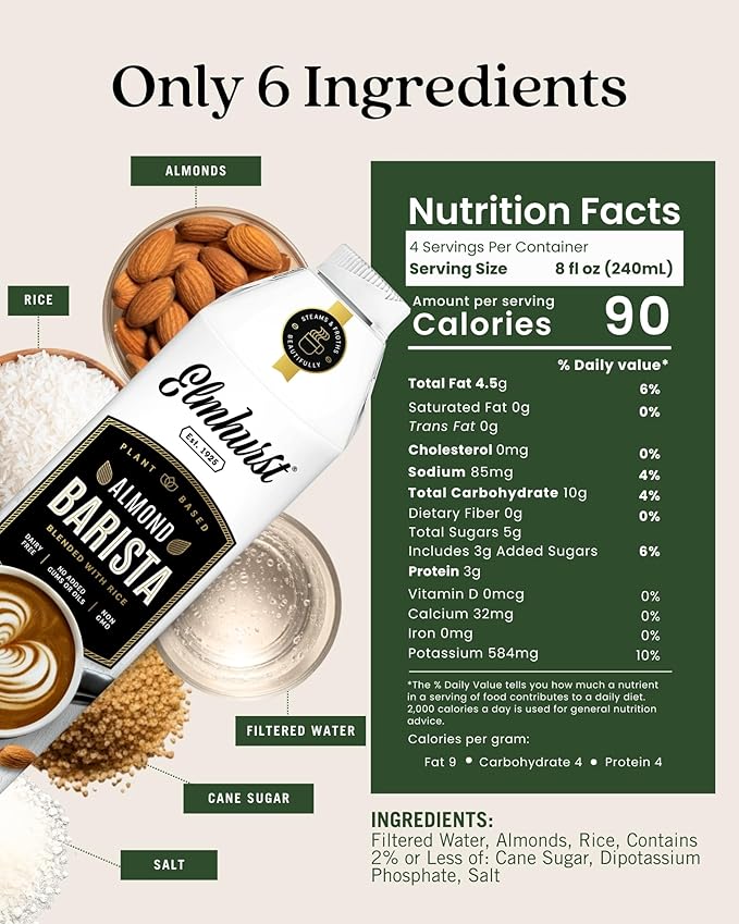Elmhurst 1925 Almond Milk Barista Edition – 32oz (6-Pack) Plant-Based, Vegan, Dairy-Free, Kosher, Gluten-Free, Non-GMO, Froths for Lattes & Iced Coffee, 3g Protein per Serving, Simple Ingredients