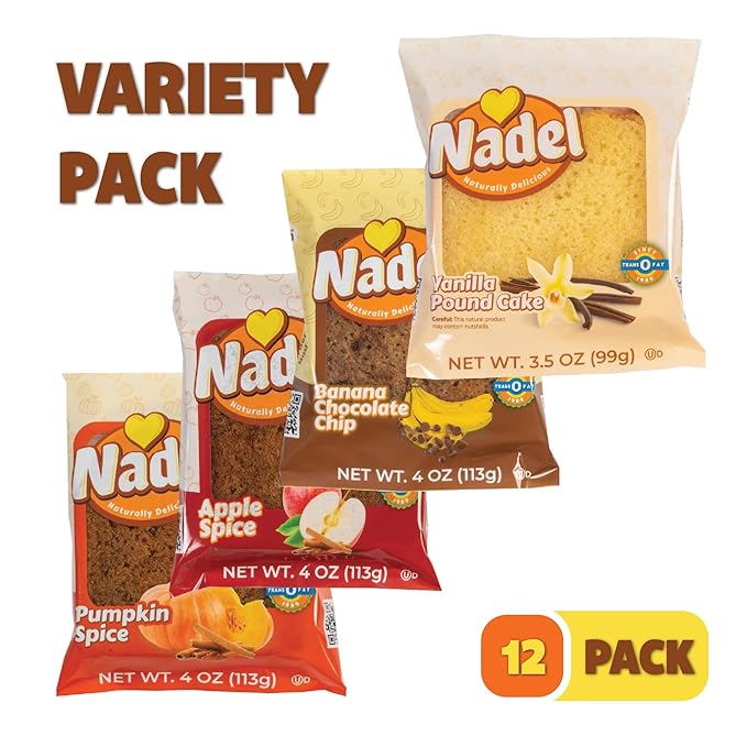 Nadel - Naturally Delicious Sweet Breads Variety Pack (Banana Chocolate Chip, Vanilla Pound Cake, Apple Spice, Pumpkin Spice). (12 Pack, 3 Breads Per Flavor)