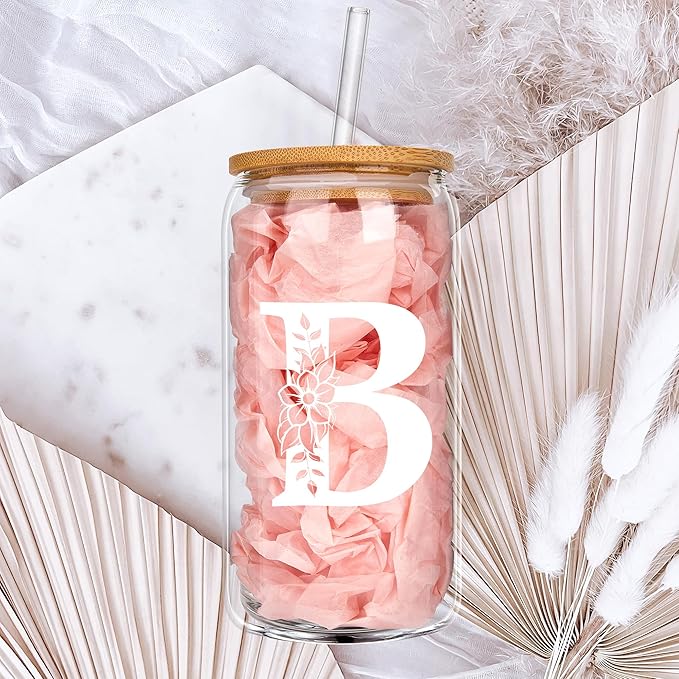 Personalized Gifts for Women, Monogrammed Glass Cups with Lids and Straws, Custom Tumbler, Cute Customized Mug, Aesthetic Stuff, Initial Iced Coffee Cup, Drinking Glasses, Birthday Teacher Gifts, R