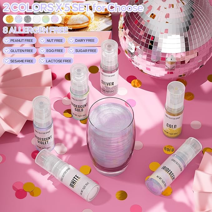 Edible Glitter Spray,Iridescent Gold & Iridescent Violet 2 Colors Food Grade Edible Glitter Set for Drink Cake Beverages,Cupcakes,Cake Pops and Cookies Decorating