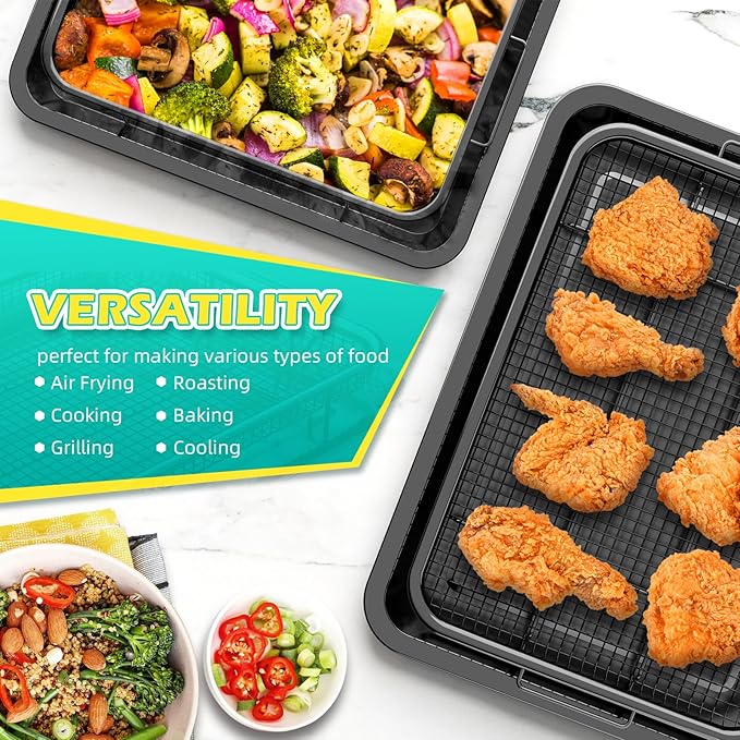 Air Fryer Basket, OPENICE 2 Set Air Fryer Pan and Crisper Tray for Oven, Non-stick Oven Air Fryer Basket for Baking and Crispy Foods - Black