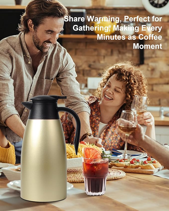 Updated 70 Oz Thermal Coffee Carafe, 2.1L nsulated Stainless Steel Coffee Carafes for Keeping Hot Coffee & Tea Hot Beverage-12Hours, Double Walled Vacuum Coffee Carafe (Gold)
