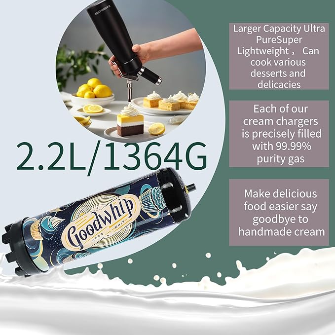 2.2L 1364G Whipped Cream Charger(1 Pack), Fits with Any Standard Dispensers Food Grade Original Flavor