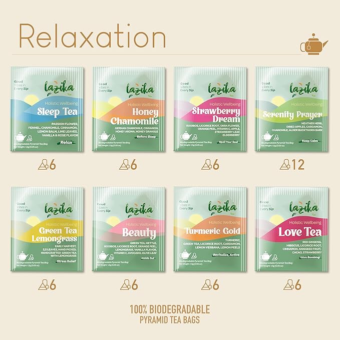 Lazika Herbal Tea Variety Pack with Lovely Presentation Box, 54 Counts, Relaxation Tea Assortment Gift Set, Premium Collection with Pyramid Infuser Bag, Handcrafted
