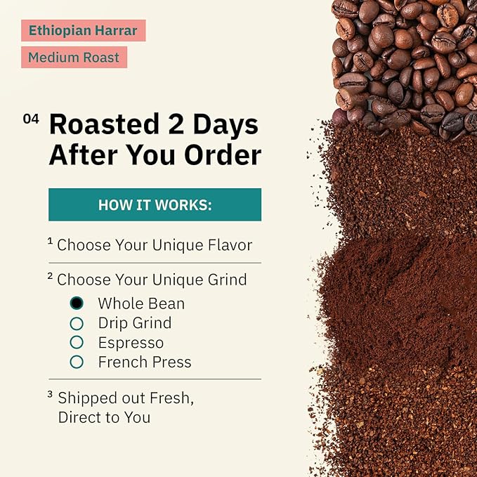 Organic Ethiopian Whole Bean Specialty Coffee Medium Roast - 12 oz, Single Origin Ethiopian Harrar Beans, Fair Trade, Chocolate & Fruity Notes - Roasted To Order