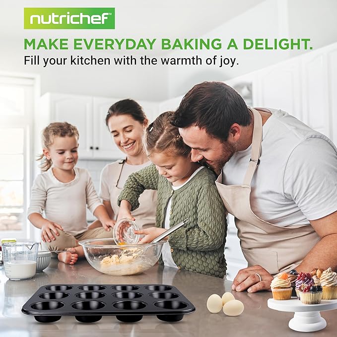 NutriChef 12-cup Black Oven Muffin Pan, Non-Stick Coated Layer Surface, Even Heating Muffin Tray for Muffins, Cupcakes, Pastries & Mini Pies, Used for Model Number NCBK6BK