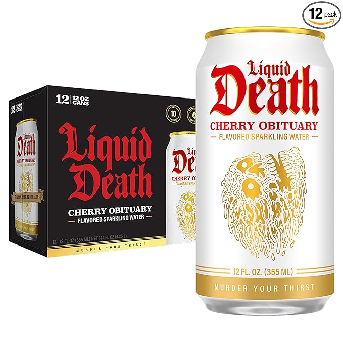 Liquid Death, Cherry Obituary, Soda-Flavored Sparkling Water, 12-Pack (12oz Cans), Low Sugar, Huge Flavor & No Artificial Sweeteners