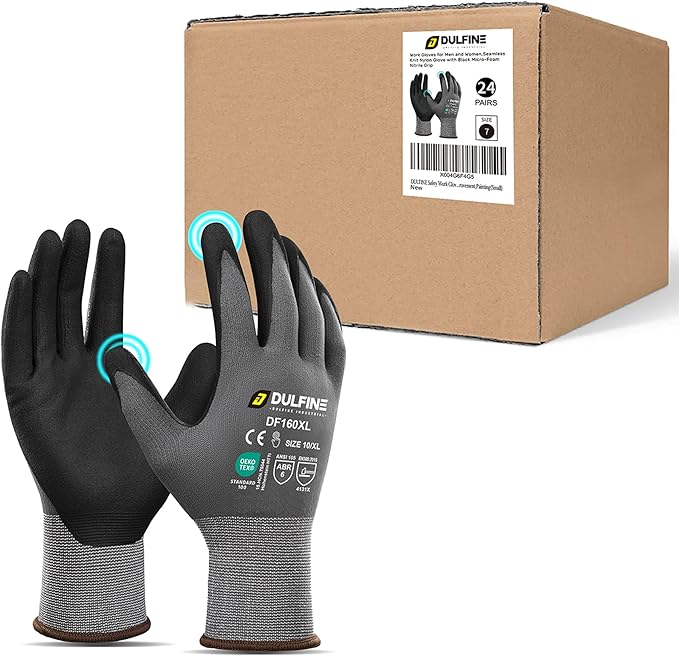DULFINE Safety Work Gloves MicroFoam Nitrile Coated-24 Pairs Pack,Seamless Knit Nylon Glove with Black Micro-Foam Nitrile Grip,Ideal for General Purpose,Automotive,Home Improvement,Painting(Small)