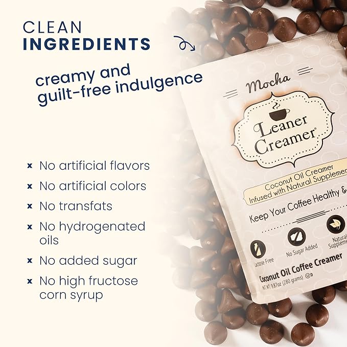 Leaner Creamer Natural Coconut Oil Based Lactose Free Gluten-Free and Sugar-Free Coffee Creamer Powder Infused with Supplements, Decadent Mocha (9.87oz Pouch)