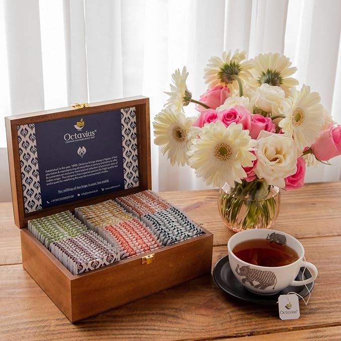 Octavius Gift's Select - Assorted Tea in Multi Design Printed Wooden Box | 6 Flavors, 90 Tea Bags | Black & Green Tea | Tea Gifts for Women & Men | Tea Variety Pack | Mothers Day Tea Gift Box