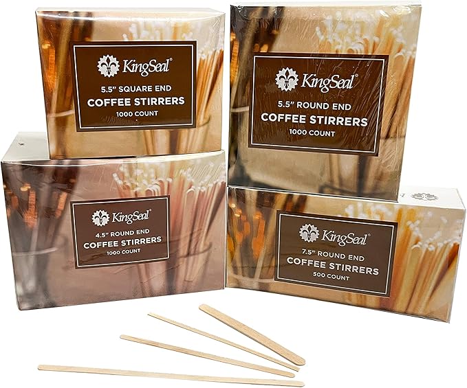 10,000 Count | KingSeal Natural Birch Wood Coffee Beverage Stirrers, Stir Sticks, 5.5 Inches, Round End, Bulk Pack - 10 Boxes x 1000 Stirrers