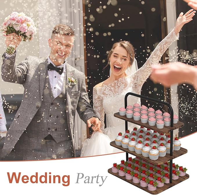 Cupcake Stand, 3-Tier Dessert Stand for 68 Cupcakes, Wood & Metal Tower Display Premium Holder Dessert Tree Tower for Wedding Graduation Birthday Christmas Party, Serving Tray