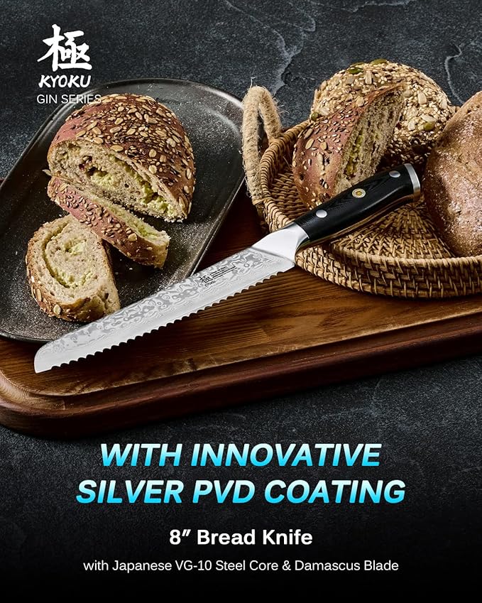 KYOKU 8" Serrated Bread Knife - Gin Series - VG10 Damascus Japanese Steel Kitchen Knife with Silver Ion Blade G10 Handle Mosaic Pin, Professional Razor-Sharp Bread Cutting Slicing