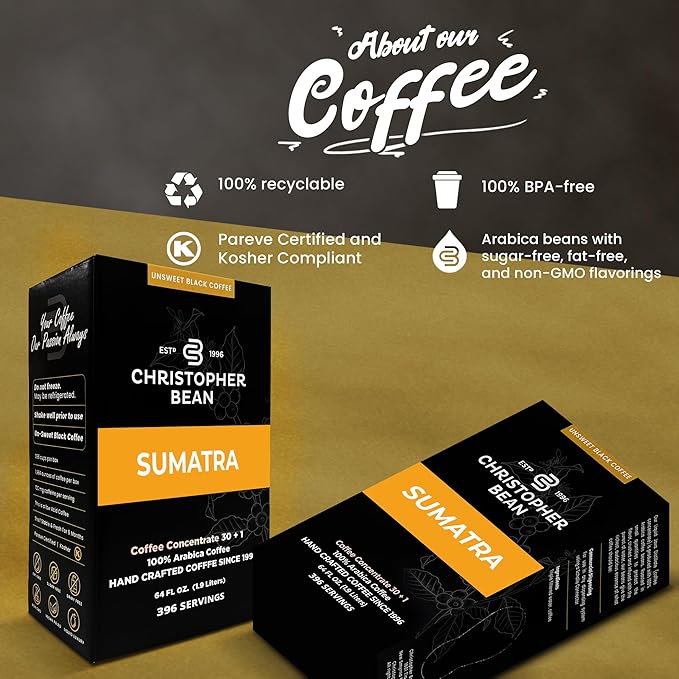 Christopher Bean Coffee - 396 servings, 30 to 1 Blend Bag in Box Liquid Instant Coffee or Cold Brew Coffee Concentrate - Hot or Iced Coffee - Sumatra Brew