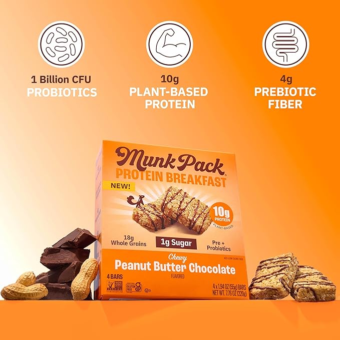Munk Pack Peanut Butter Probiotic Protein Bars | 10g Plant Protein, 1g Sugar, 6g Fiber | Diabetic-Friendly Ideal Breakfast Bars - On-the-Go Snacks, Gluten-Free, Non-GMO | 12 Count