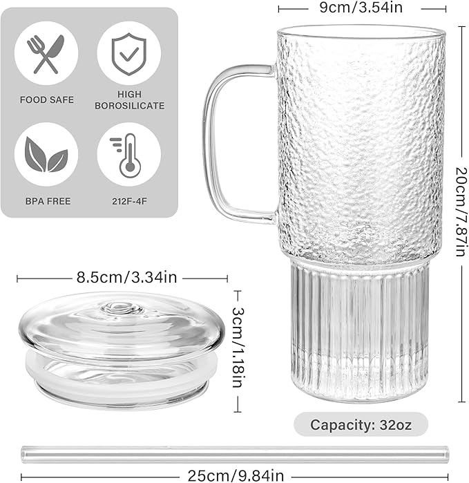 32oz Glass Cups with Handle & Glass Lids and Straws, 2 Pack Large Borosilicate Glass Tumblers for Iced Coffee, Smoothies, Fruit Drinks. Reuseable Glasses Cups for Cold/Hot Water