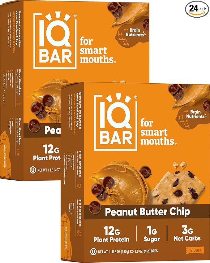 IQBAR Brain and Body Plant Protein Bars - Peanut Butter Chip - 24-Count - Keto, Vegan, Low Carb, High Fiber, Gluten Free, Dairy Free, Low Sugar Snack with Nutrients for Focus, Energy, Meal Replacement