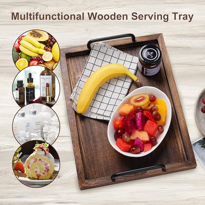 LIBWYS Rustic Wooden Serving Trays with Handle-Set of 2-Decorative Nesting Food Board Platters for Breakfast, Coffee Table/Butler (Large 15.8x11.8x1.2 inches, Small 13.4x9.4 x1.2 inches)