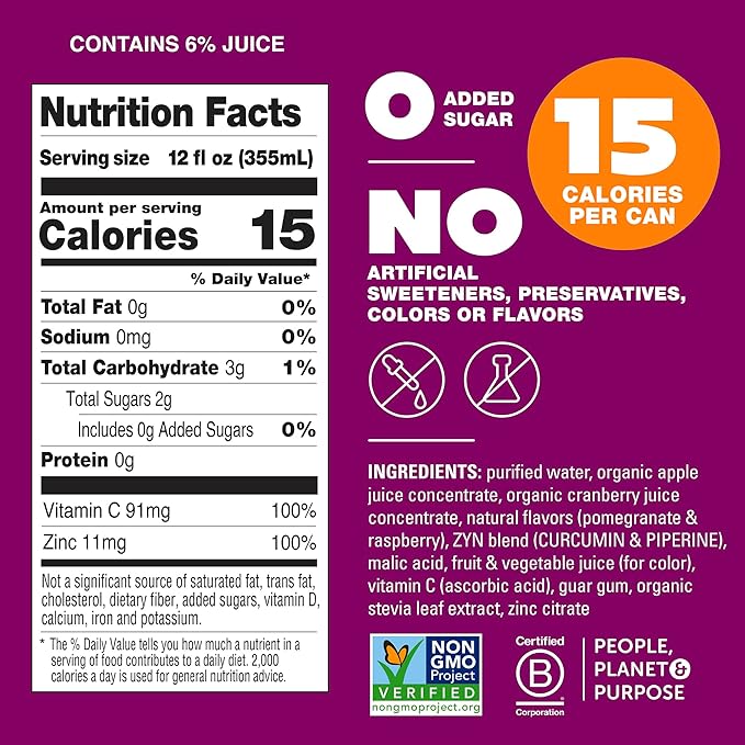 ZYN Turmeric Wellness Drink (6 Pack), Pomegranate Cranberry Flavored Turmeric Curcumin Drink with Black Pepper, No Added Sugar, Low Carb & Low Calorie Drink, Clean Alternative