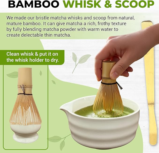 Matcha Whisk Set with Matcha Bowl - Matcha Set Included Electric Frother, Bamboo Whisk, Matcha Spoon, Bamboo Holder, Sifter, Spoon Stand (Wavy White)
