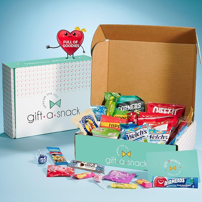 Gift A Snack - Thanksgiving, Holiday, Christmas Stocking Stuffer Snack Box Care Package Variety Pack + Greeting Card (200 Count) Birthday Sweet Treats Gift Basket, Candies Chips Crackers Bars