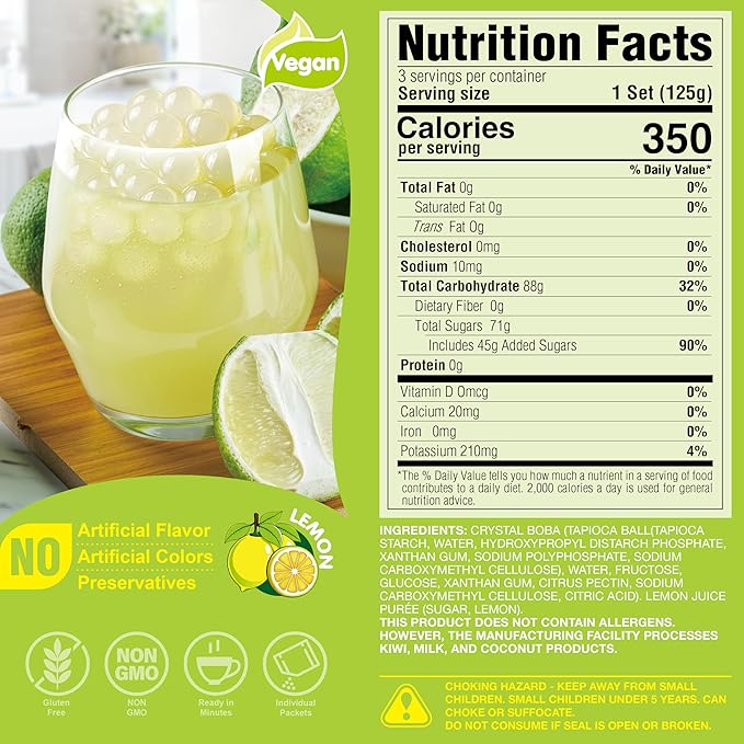 J WAY Instant Boba Bubble Pearl Lemon Juice Drinks Kit with Authentic Crystal Tapioca Boba, Ready in Under One Minute, Paper Straws Included, 3 Servings