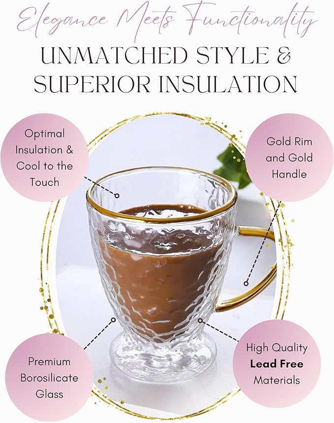 Sister.ly Drinkware, Hammered Double Wall Glass Coffee Cups with Gold Rim and Gold Handle, Insulated Glass Coffee Mugs, Set of 2, 12 ounces. Perfect for Espresso, Latte, Tea, Irish Coffee