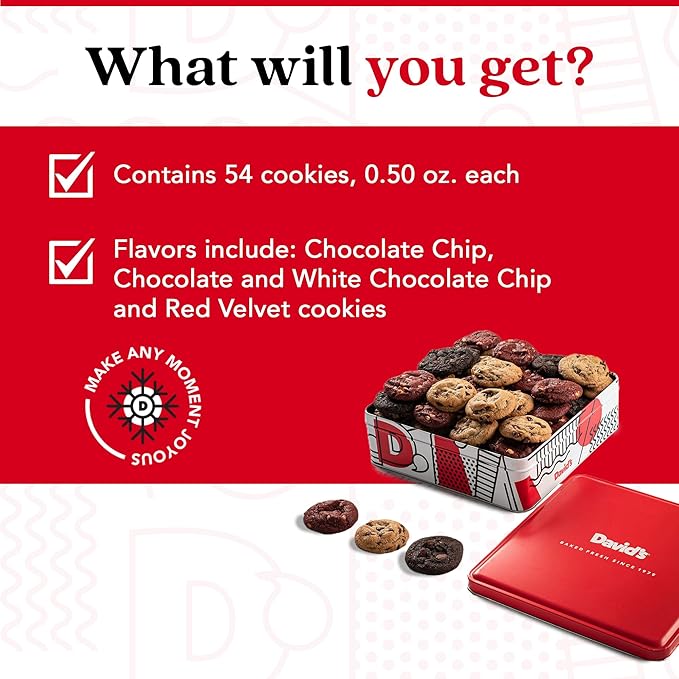 David's Cookies Freshly Baked Melt In Your Mouth Assorted Mini Cookies with Chocolate Chip, Chocolate & White Chocolate Chip & Red Velvet Cookies (Assorted Mini Cookies in Regular Tin - 1Lb)
